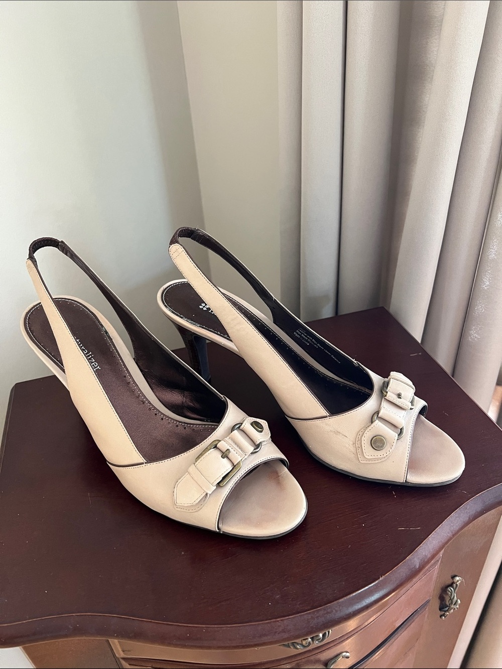 Naturalizer Beige Open-Toe Slingback Heels with Buckle Accent
